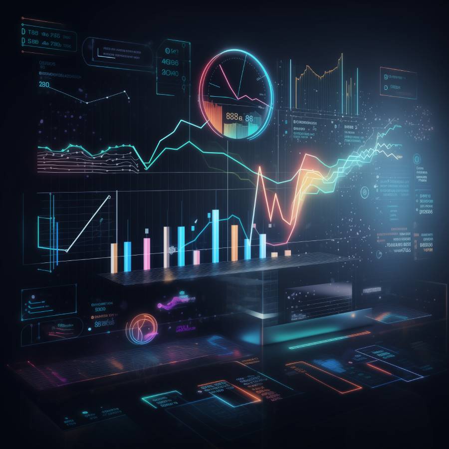 Futuristic digital financial data dashboard display with graphs.