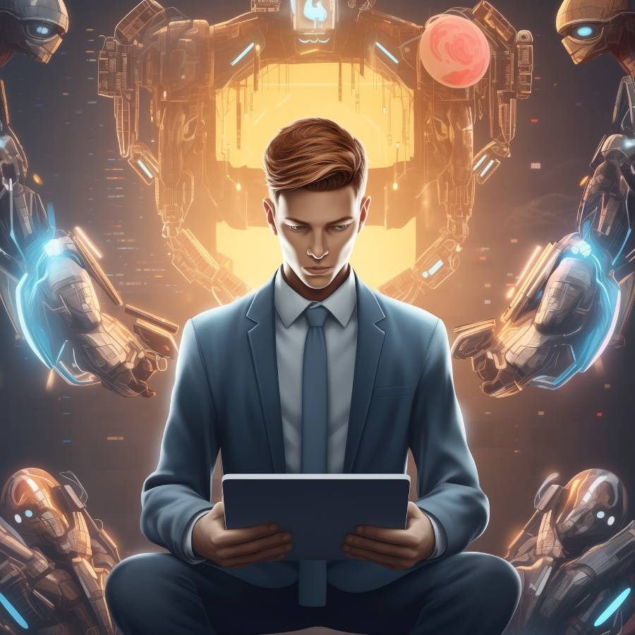 Man with tablet and futuristic robots in background.