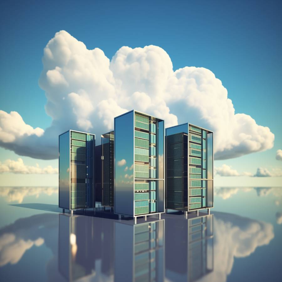 3D render of futuristic data servers with clouds.