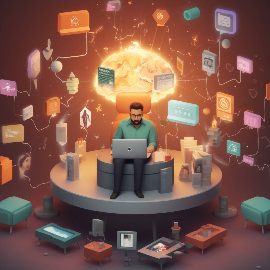 Man surrounded by digital icons and technology concept artwork.