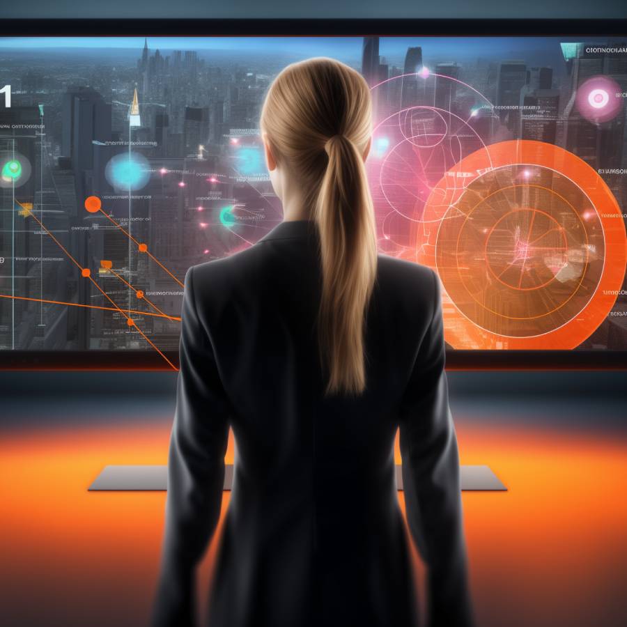 Businesswoman analyzing futuristic data interface in city.