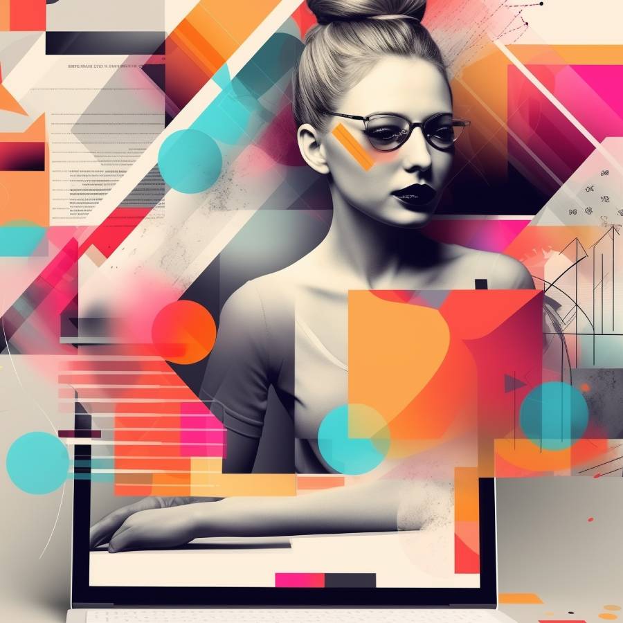 Abstract geometric art with stylized female figure.