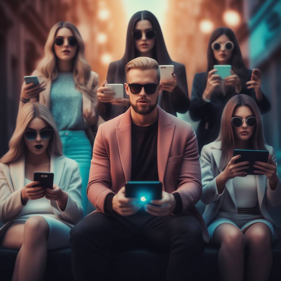 Group of stylish people using smartphones on city street.