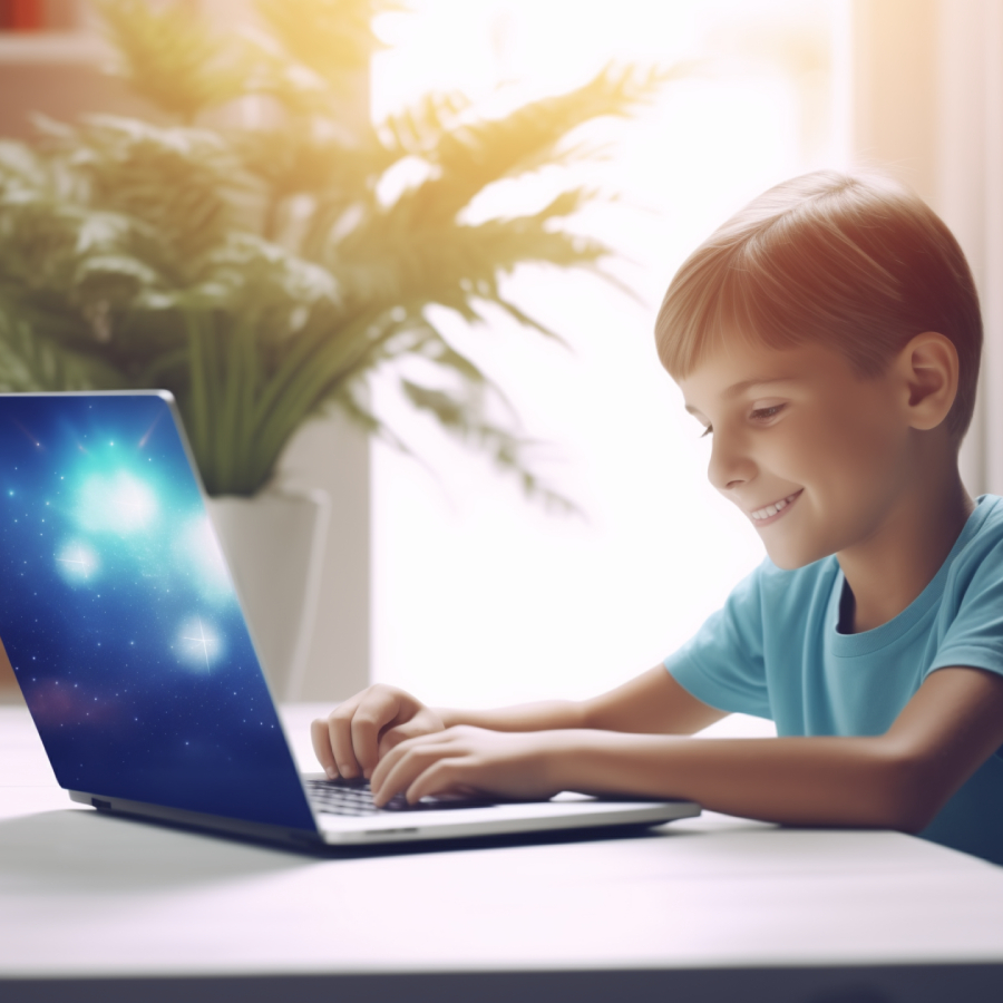 Boy smiling using laptop with starry screen indoors.