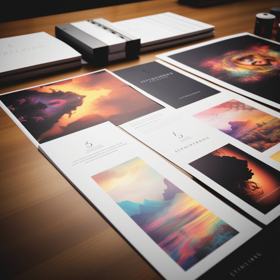 Printed portfolio layouts with artwork on wooden desk.