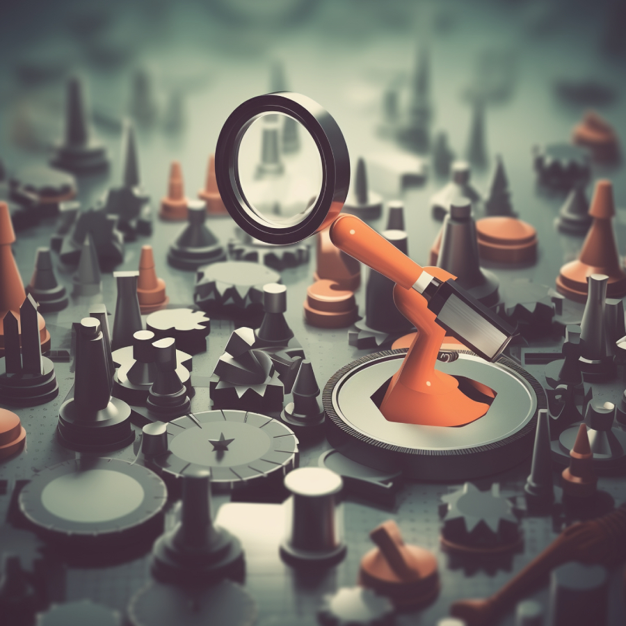 Magnifying glass and pieces on strategy game board.