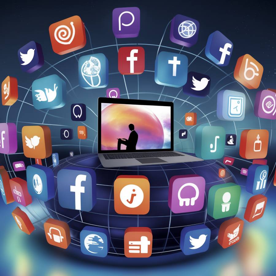 Silhouetted person with laptop surrounded by social media icons.