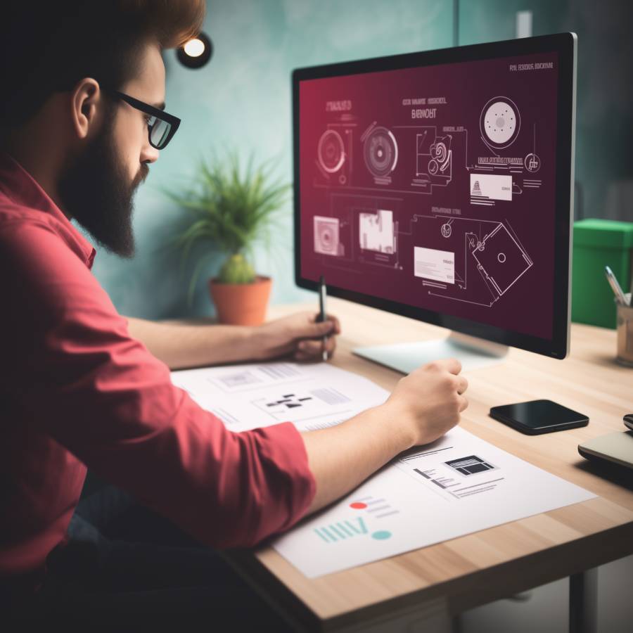 Man working on graphic design at computer desk.