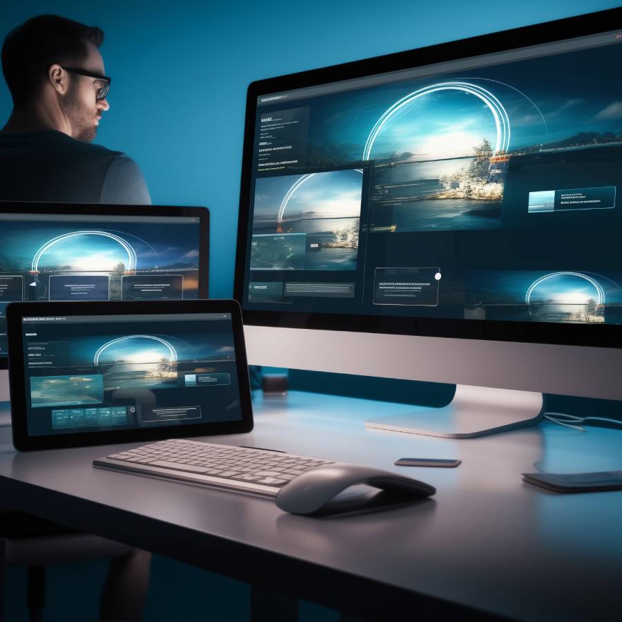 Man working on multiple monitors with graphic interface.